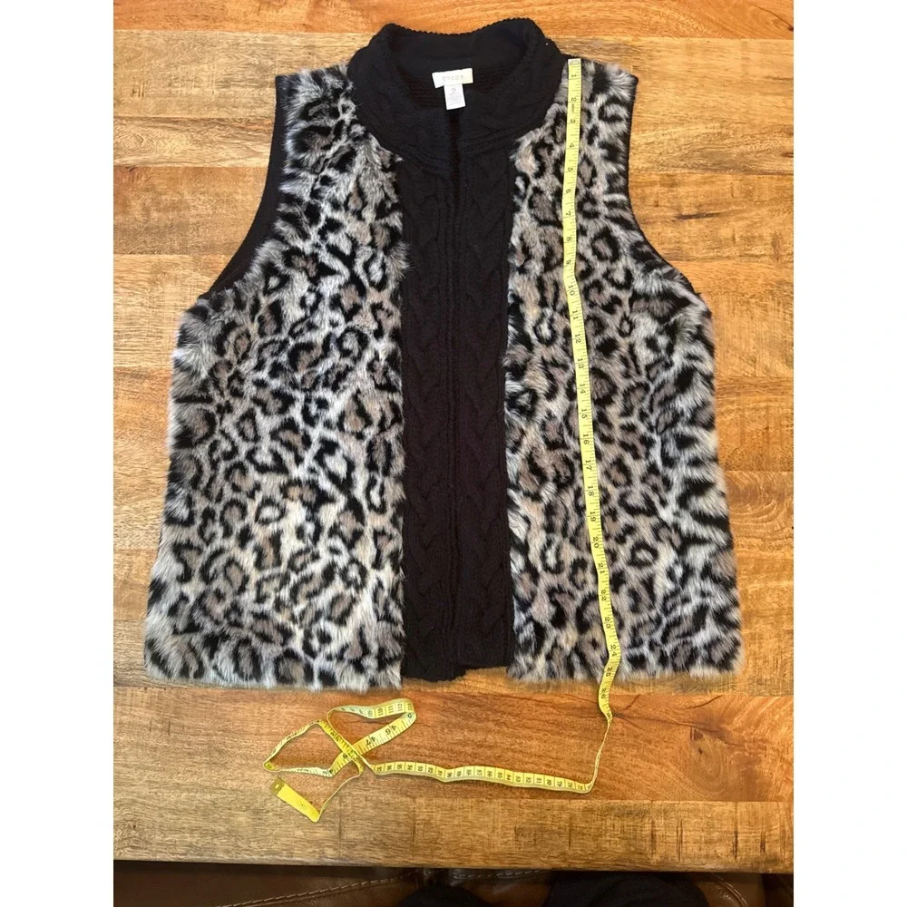 Chico's Faux Fur Vest Womens 2 Black Leopard‎ Print Excellent Knit Open Front